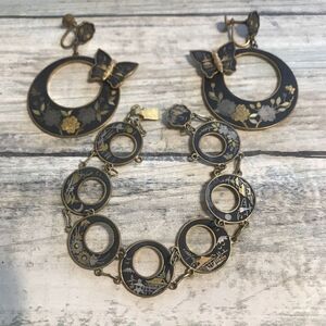 Japanese‎ Damascene Kyoto Inlay Bracelet Earrings Set 24k gold sterling silver